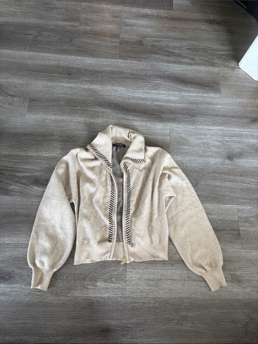 Ellen Tracy Cream Knit Bomber Jacket with Contrast Trim